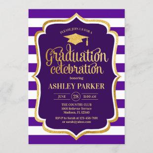 Graduation - Gold Purple White Stripes Invitation