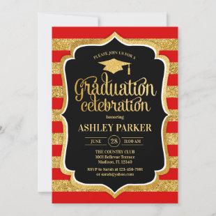 Graduation - Gold Red Black Stripes Invitation