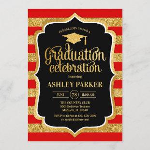 Graduation - Gold Red Black White Stripes Invitation
