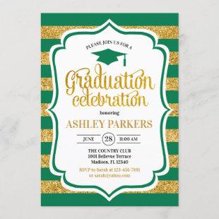 Graduation - Green Gold Stripes Invitation