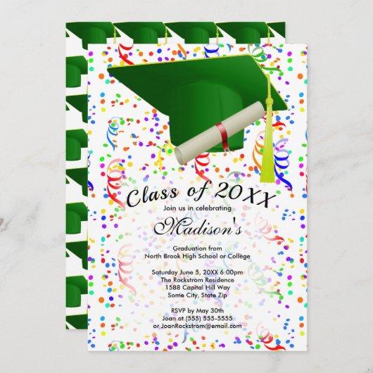 Graduation Green Grad Cap Diploma Confetti Party Invitation