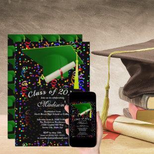Graduation Green Grad Cap Diploma Confetti Party Invitation