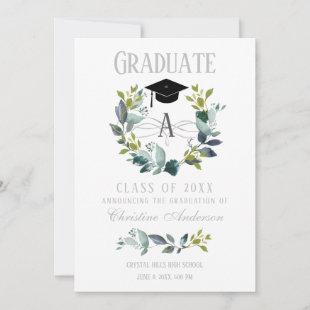 Graduation Greenery Wreath Monogram Black Grad Cap Announcement