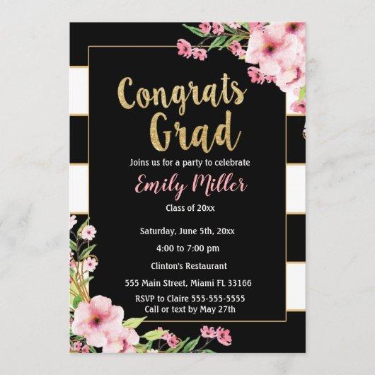 Graduation Invitation Black White Pink Flowers