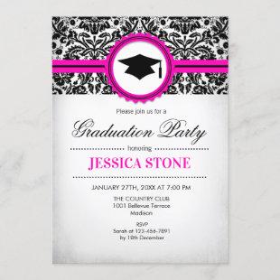 Graduation Invitation - Pink Black White Damask