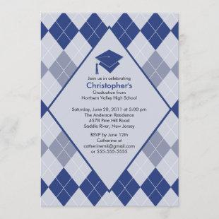 Graduation Invitation Preppy  Blue Argyle