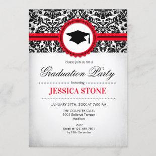 Graduation Invitation - Red Black White Damask