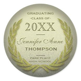 Graduation Laurel Wreath Gold Glitter Look Classic Round Sticker