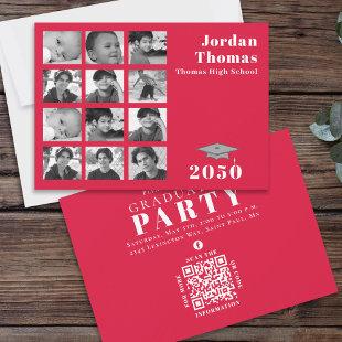 Graduation Multi Photo Collage Crimson Red QR Code Invitation