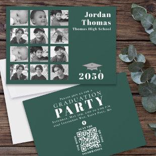 Graduation Multi Photo Collage Dark Green QR Code Invitation