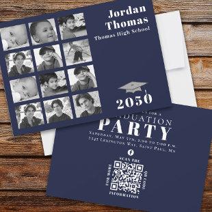 Graduation Multi Photo Collage Navy Blue QR Code  Invitation