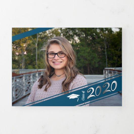Graduation Multi Photo Simple Blue Confetti 2020 Tri-Fold Announcement