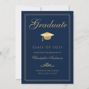 Graduation Navy Blue Gold Formal Script Grad Cap Announcement