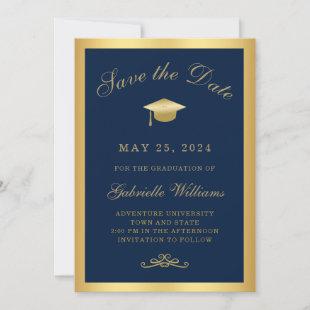 Graduation Navy Blue Gold Frame Save the Date Announcement