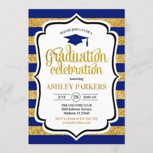 Graduation - Navy Blue Gold Stripes Invitation