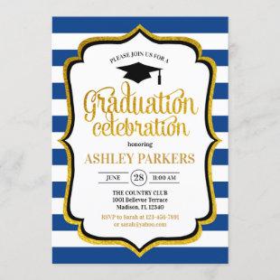 Graduation - Navy Blue Gold White Invitation