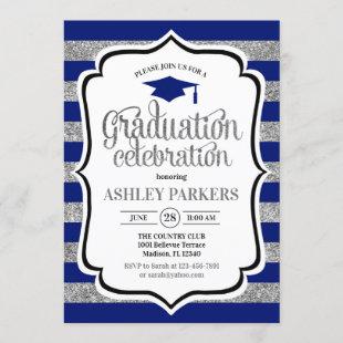 Graduation - Navy Blue Silver Stripes Invitation