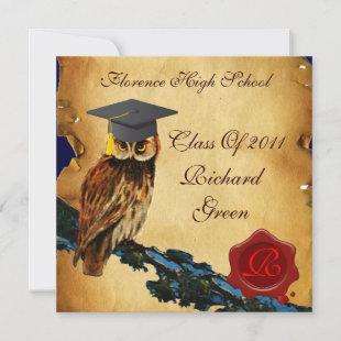 GRADUATION OWL PARCHMENT AND RED WAX SEAL MONOGRAM INVITATION