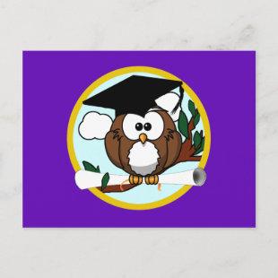 Graduation Owl w/ Cap & Diploma - Purple and Gold Announcement Postcard
