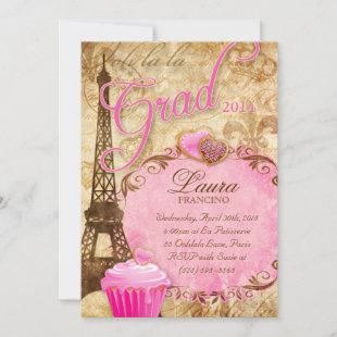 Graduation Paris Eiffel Tower Vintage Flower Pink Invitation
