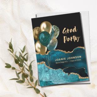 Graduation Party Balloons Teal Gold Agate Invitation