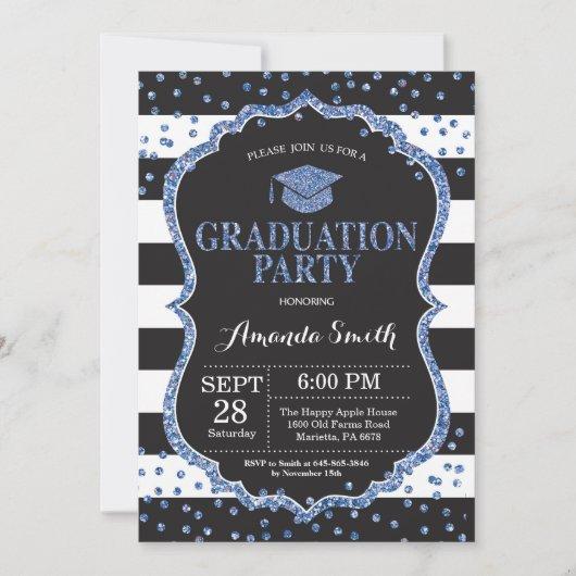Graduation Party Black and Blue Glitter Invitation