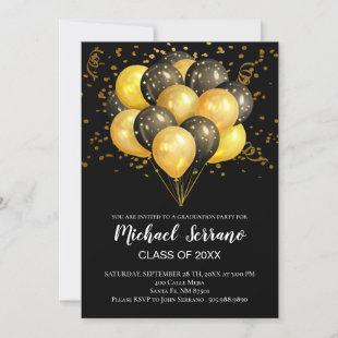 Graduation Party Black And Gold Balloons Confetti Invitation