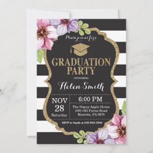 Graduation Party Black and Gold Glitter Floral Invitation