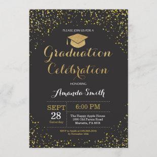 Graduation Party Black and Gold Glitter Invitation