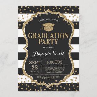 Graduation Party Black and Gold Glitter Invitation