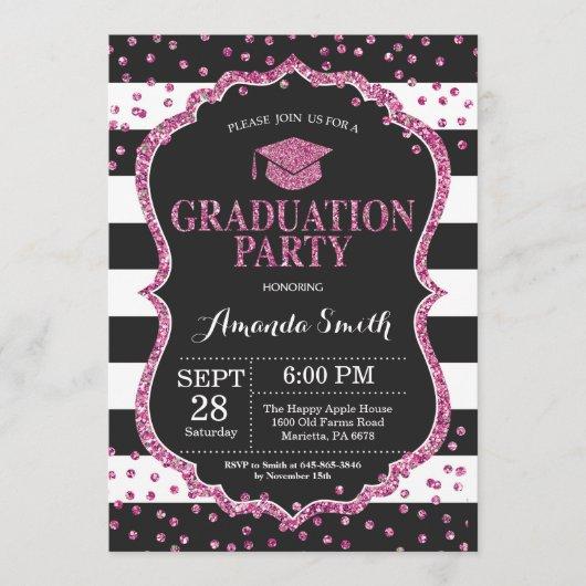Graduation Party Black and Pink Glitter Invitation