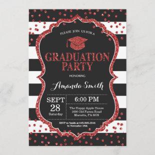 Graduation Party Black and Red Glitter Invitation