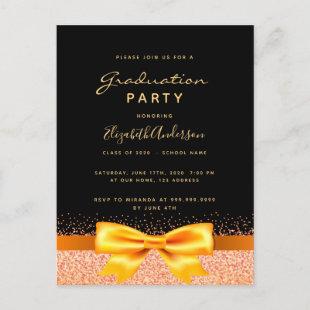 Graduation party black gold bow invitation postcard
