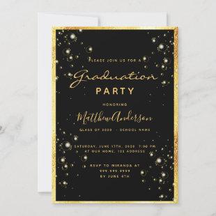 Graduation party black gold bubbles invitation