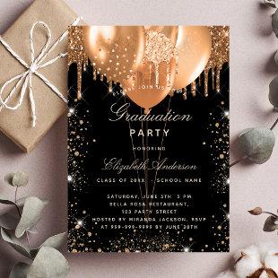 Graduation party black gold glitter balloons announcement postcard