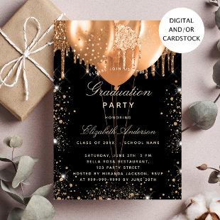 Graduation party black gold glitter balloons invitation