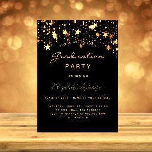 Graduation party black gold stars elegant invitation