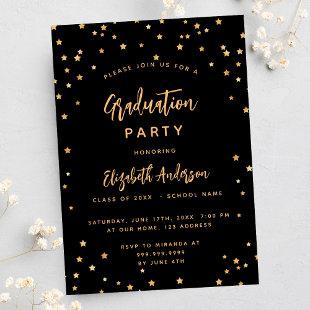 Graduation party black gold stars invitation postcard