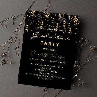 Graduation party black gold streamers invitation