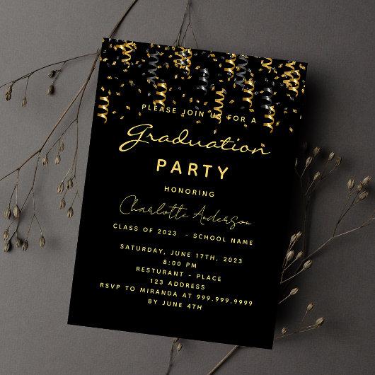 Graduation party black gold streamers invitation postcard