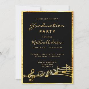 Graduation party black music gold invitation