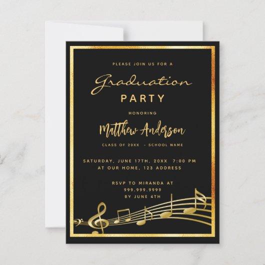 Graduation party black music gold invitation postcard
