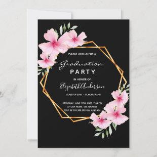 Graduation party black pink florals invitation