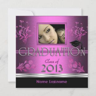 Graduation Party Black Pink Girl Photo Invitation