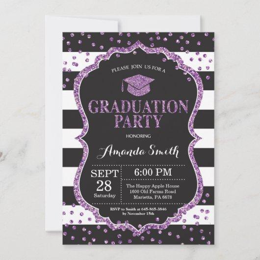Graduation Party Black Purple Glitter Invitation