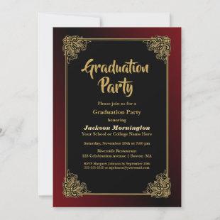 Graduation Party Black Red with Gold Frame Invitation