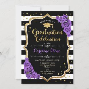 Graduation Party - Black White Stripes Purple Gold Invitation