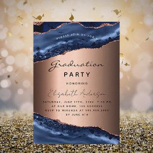Graduation party blue agate marble rose gold invitation