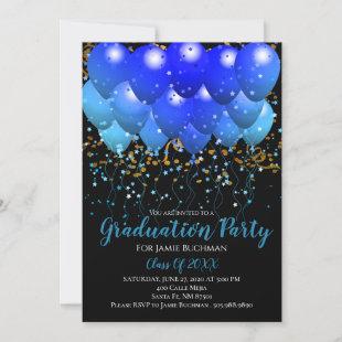 Graduation Party Blue Balloons Gold Confetti Black Invitation