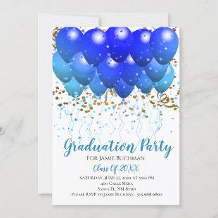 Graduation Party Blue Balloons Gold Confetti White Invitation